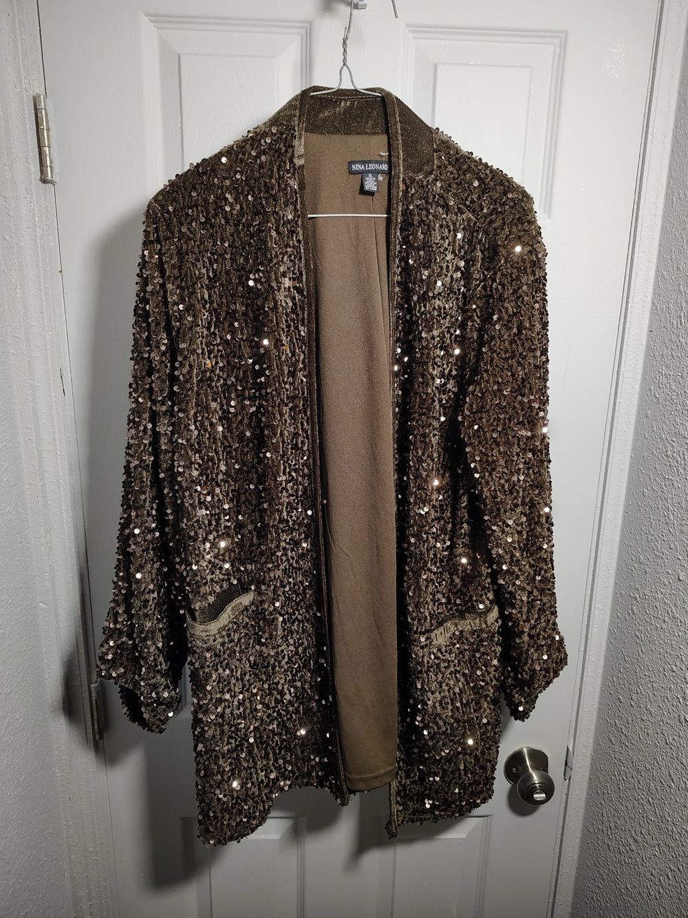 Nina Leonard Chocolate Sequin Open-Front Jacket